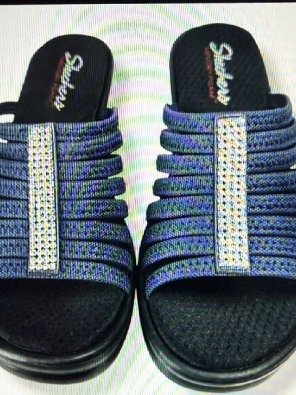 Skechers Rumbler Hotshot Navy Rhinestone Wedge Sandals Memory Foam Comfort, 10 l